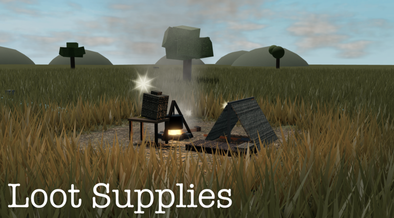 Campsite with a lit campfire, canvas tents and supply boxes in a blocky grass field in Oregon Trail [4 player!].